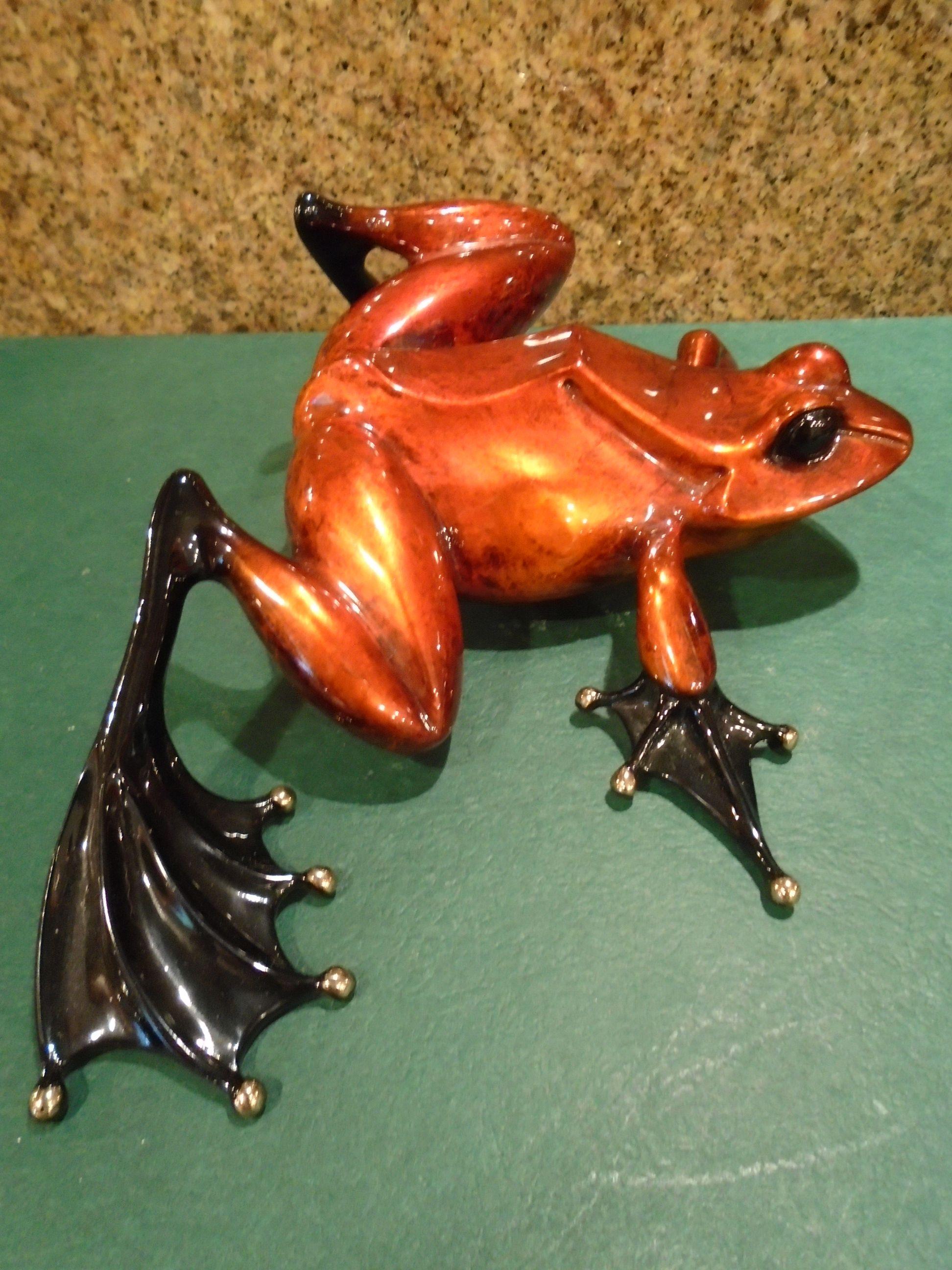 Peek A Boo-Red Burnt orange and black frog Bronze Sculpture