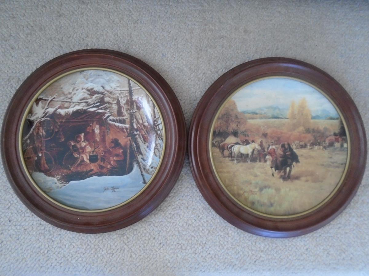 Pair of Gorham China plates in a wood frame by John Clymer