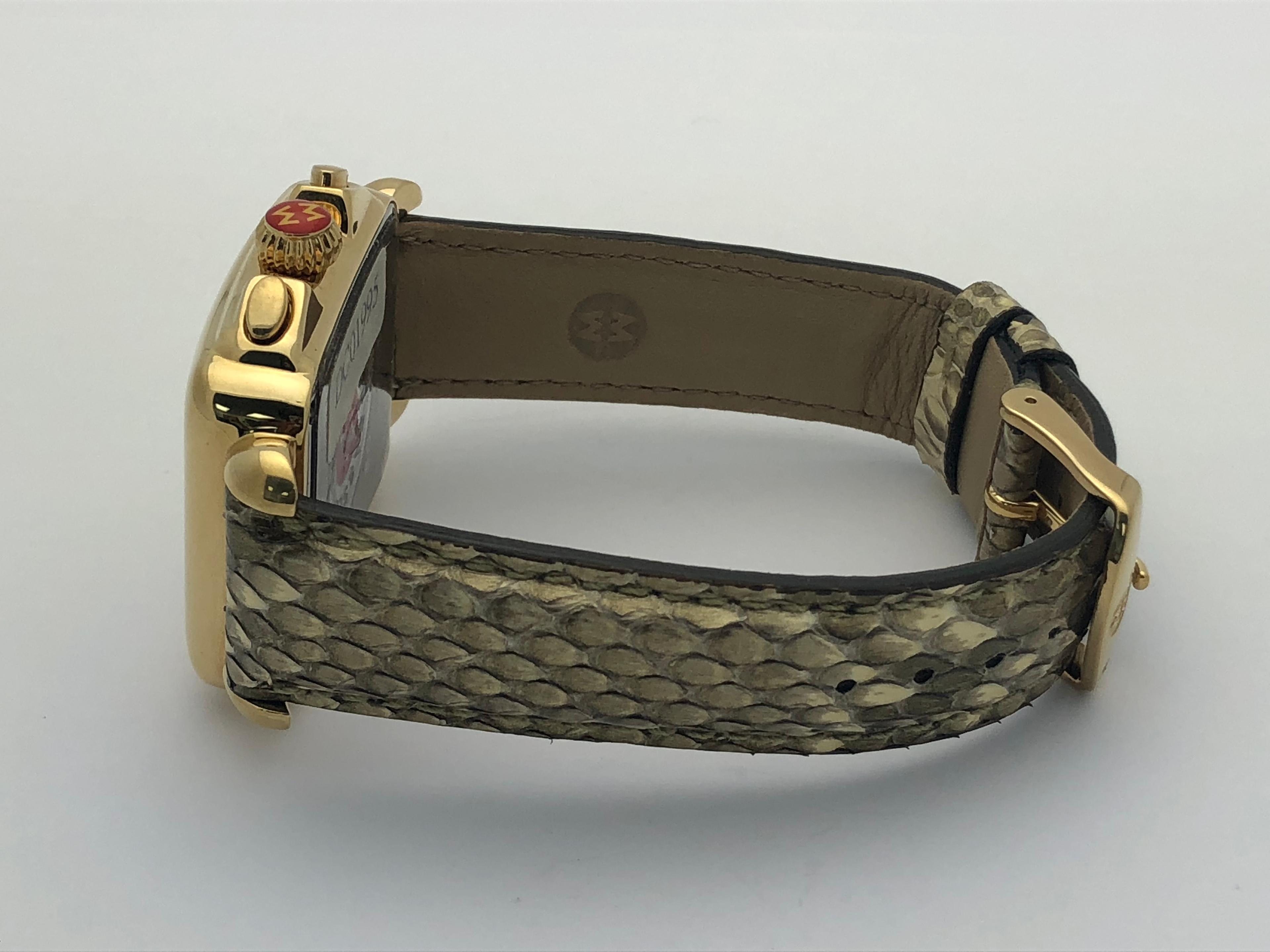 New Womens Michele Python Skin Leather Band Gold Plated Case Watch Without Box