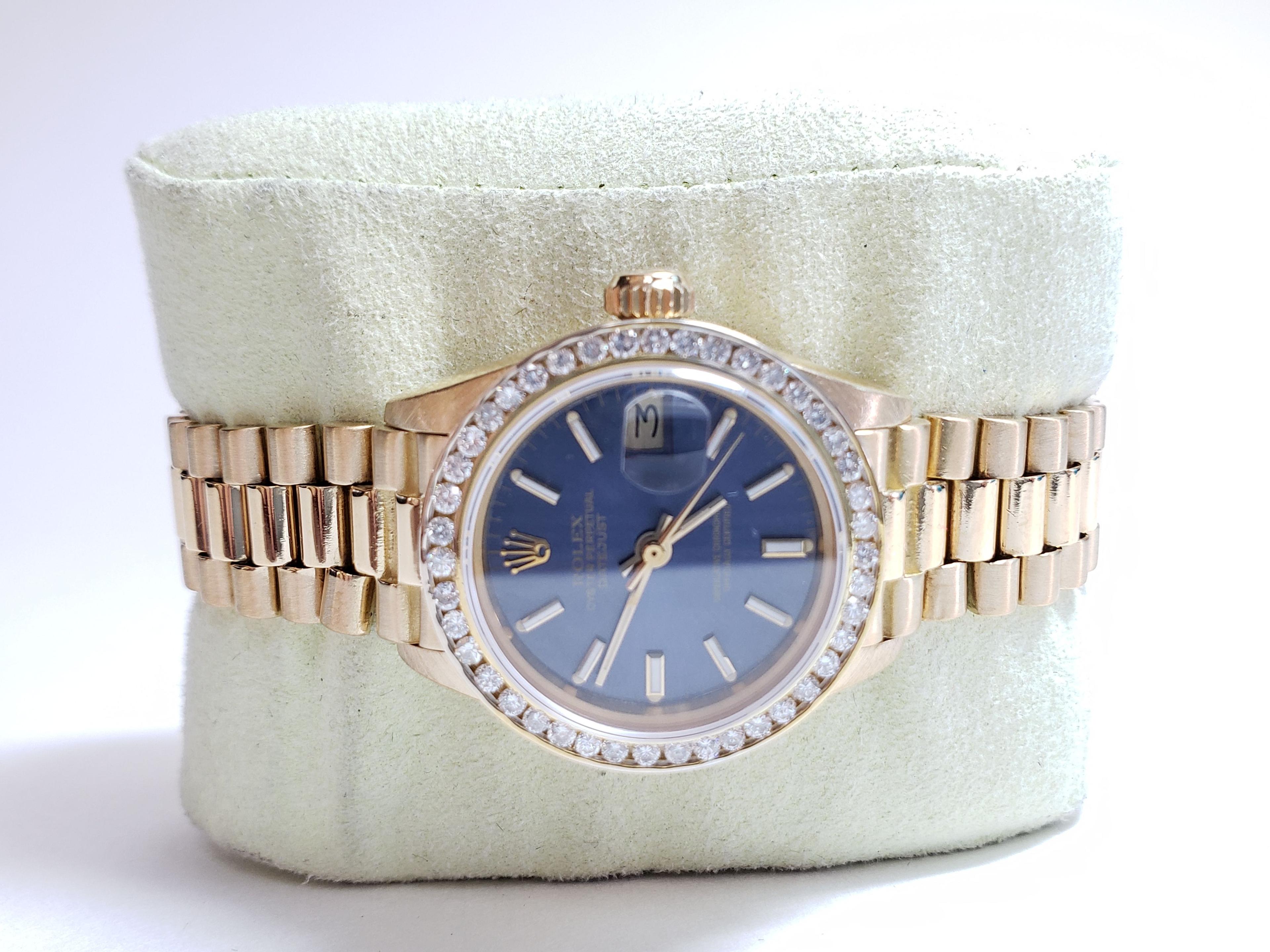 Designer Womens Rolex Presidential Blue Dial 18k Yellow Gold Diamond Bezel Box