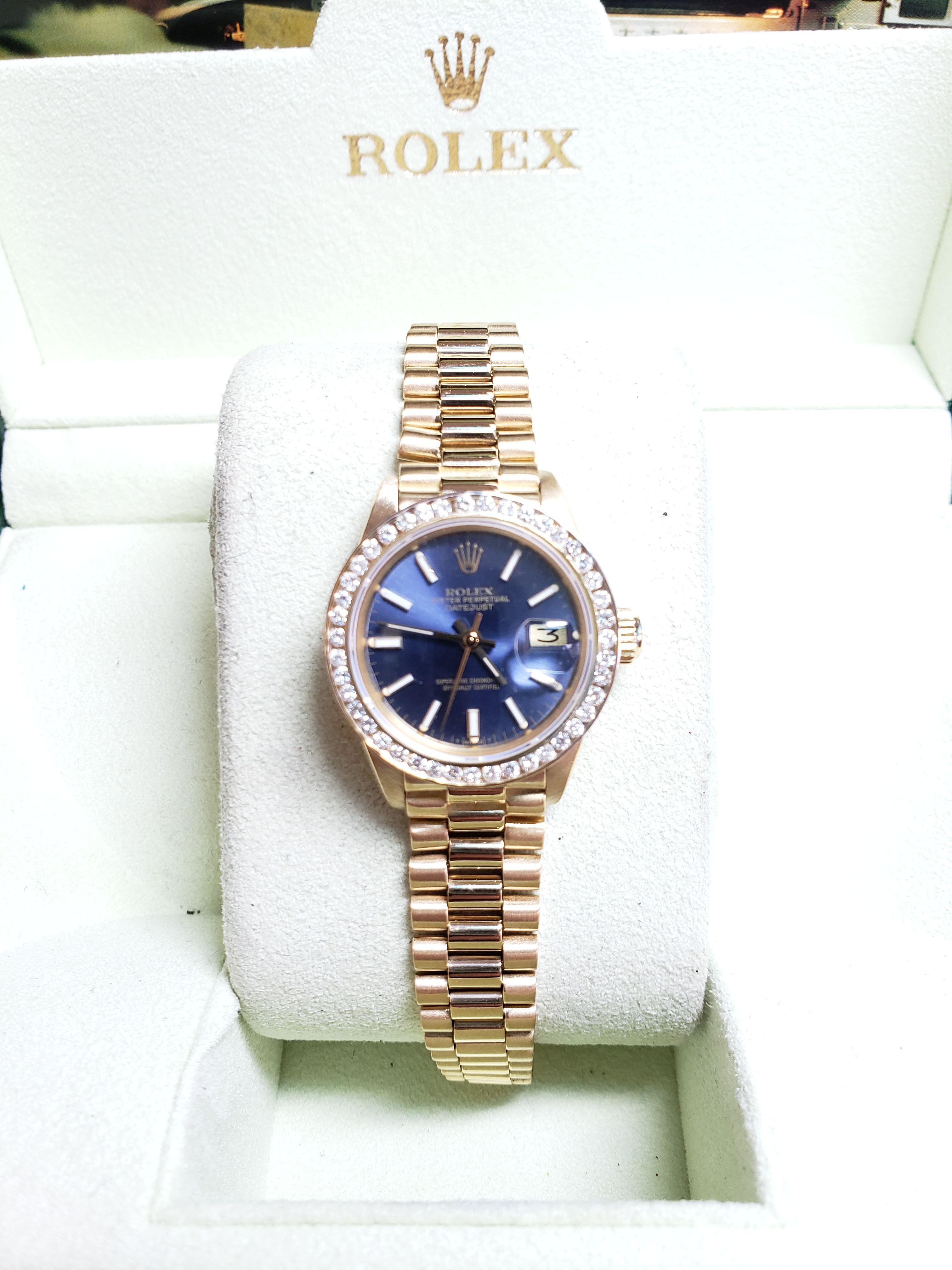 Designer Womens Rolex Presidential Blue Dial 18k Yellow Gold Diamond Bezel Box