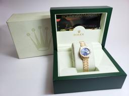 Designer Womens Rolex Presidential Blue Dial 18k Yellow Gold Diamond Bezel Box