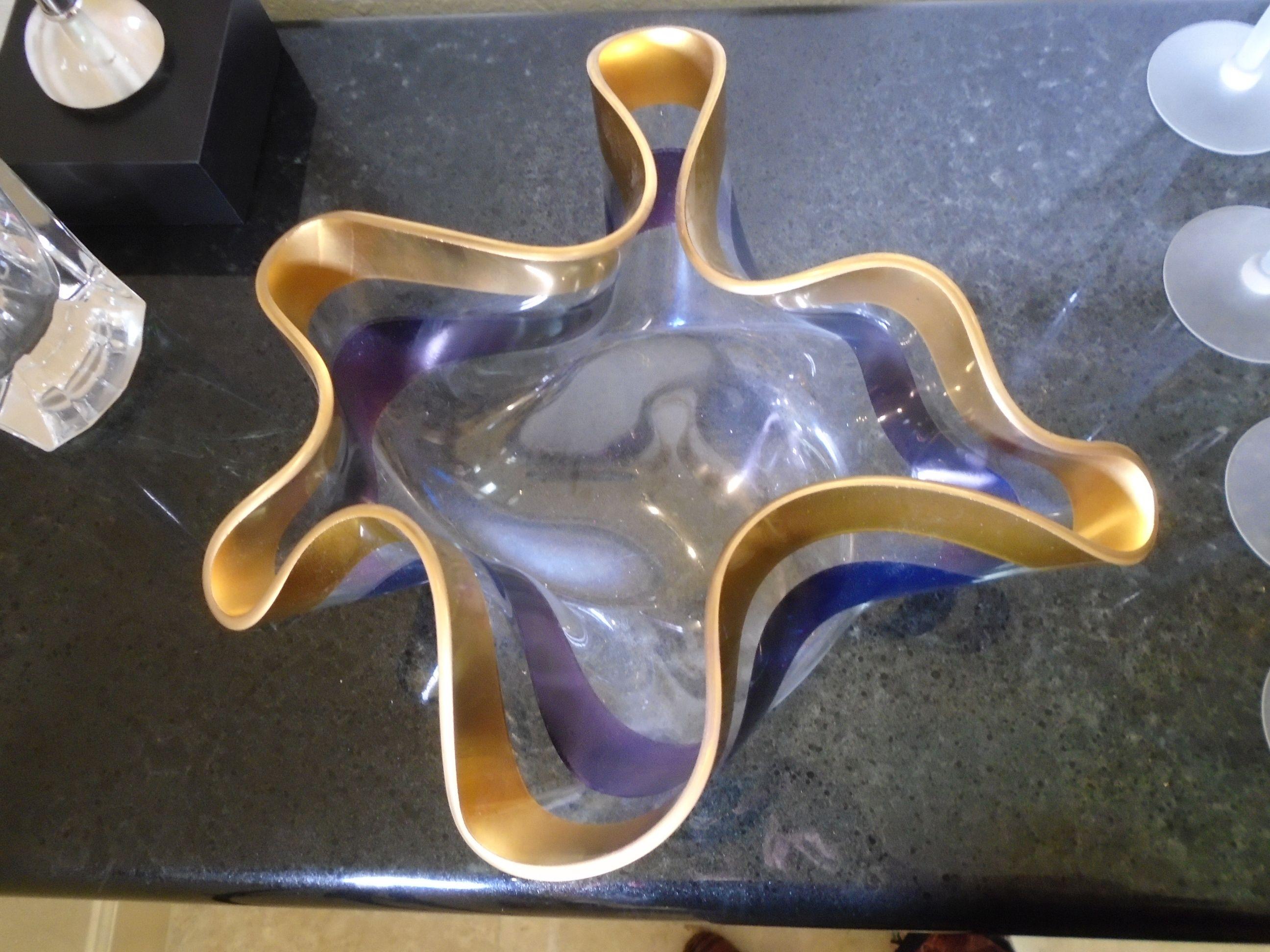 Fox Fire glass bowl with gold & purple stripe.