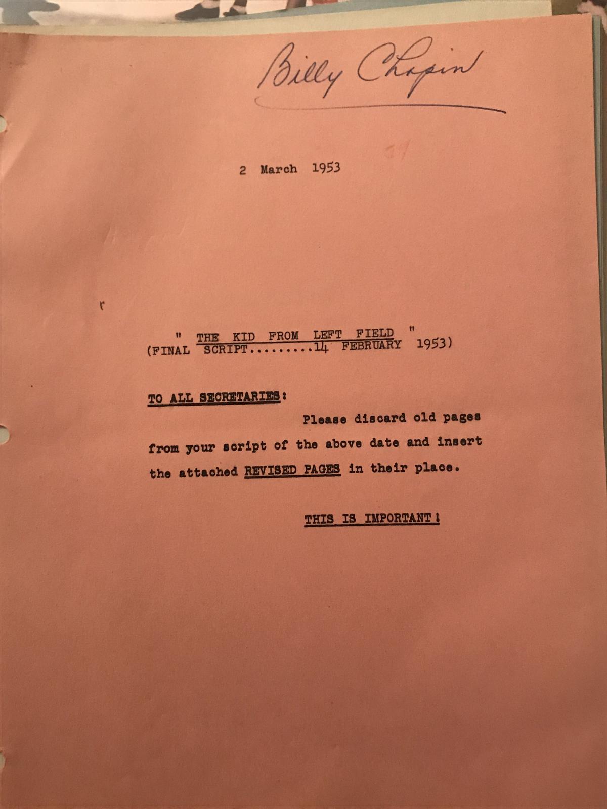 Revision pages of the Final Draft - an original screenplay for "The Kid From Left Field"