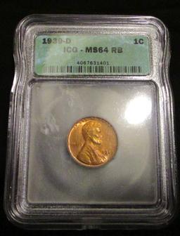1939D US Penny - graded MS64 Rd by ICG