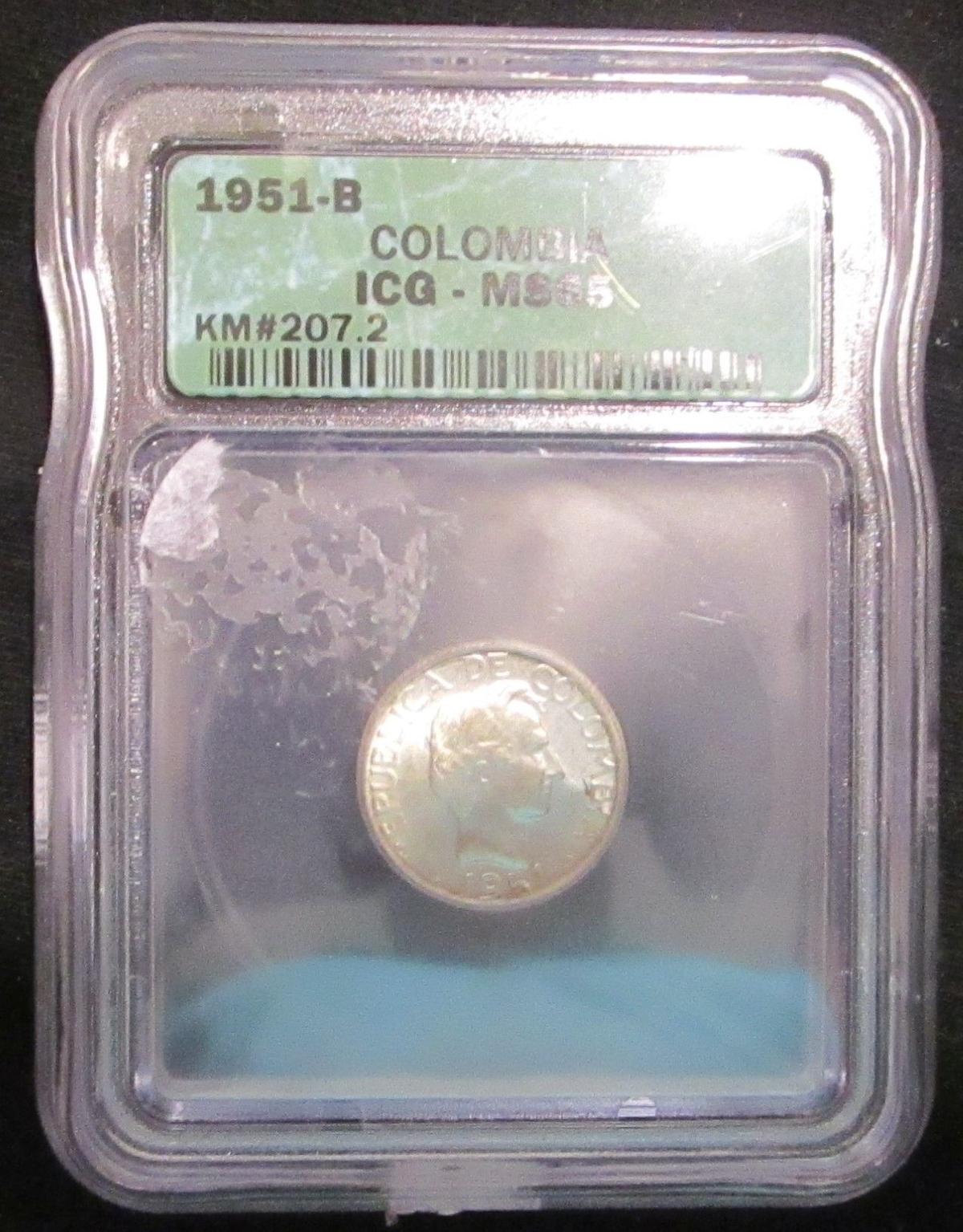 1951-B Colombia - 10 Centavos - Graded by ICG - ms 65