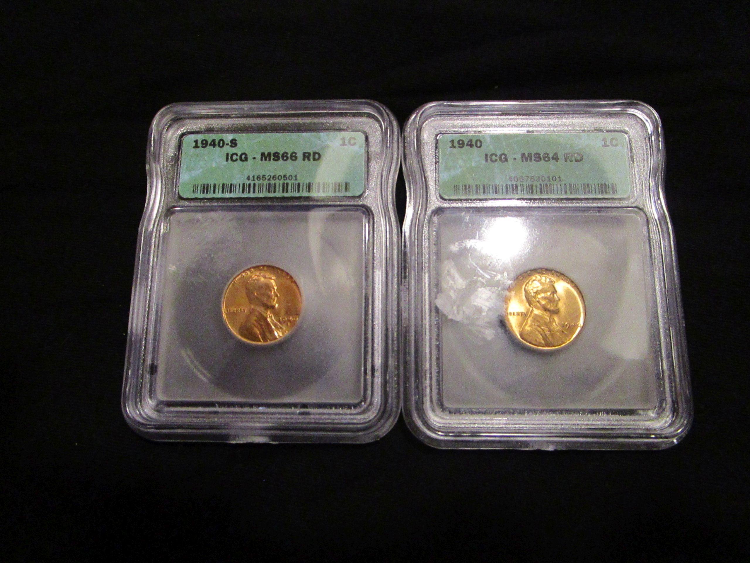 1940 & 1940S US Pennies - Lot of 2 - Graded MS 66 RD and MS 64 Rd by ICG