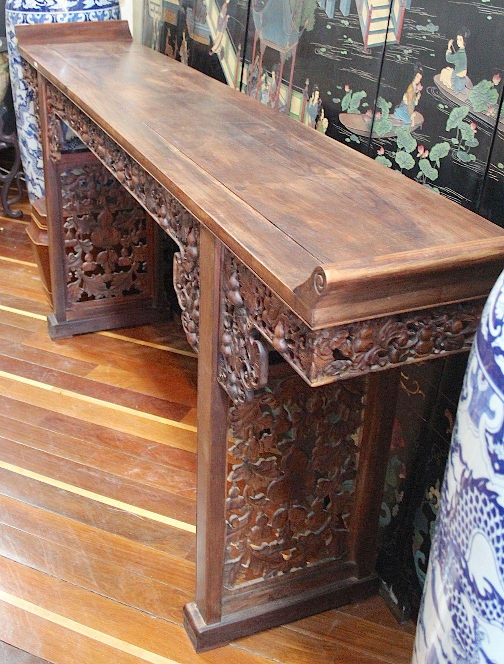 Vintage carved roseswood altar table with symbols of success