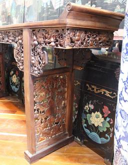 Vintage carved roseswood altar table with symbols of success