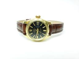 Womens ROLEX Datejust Genuine 18k Gold Leather Band Watch