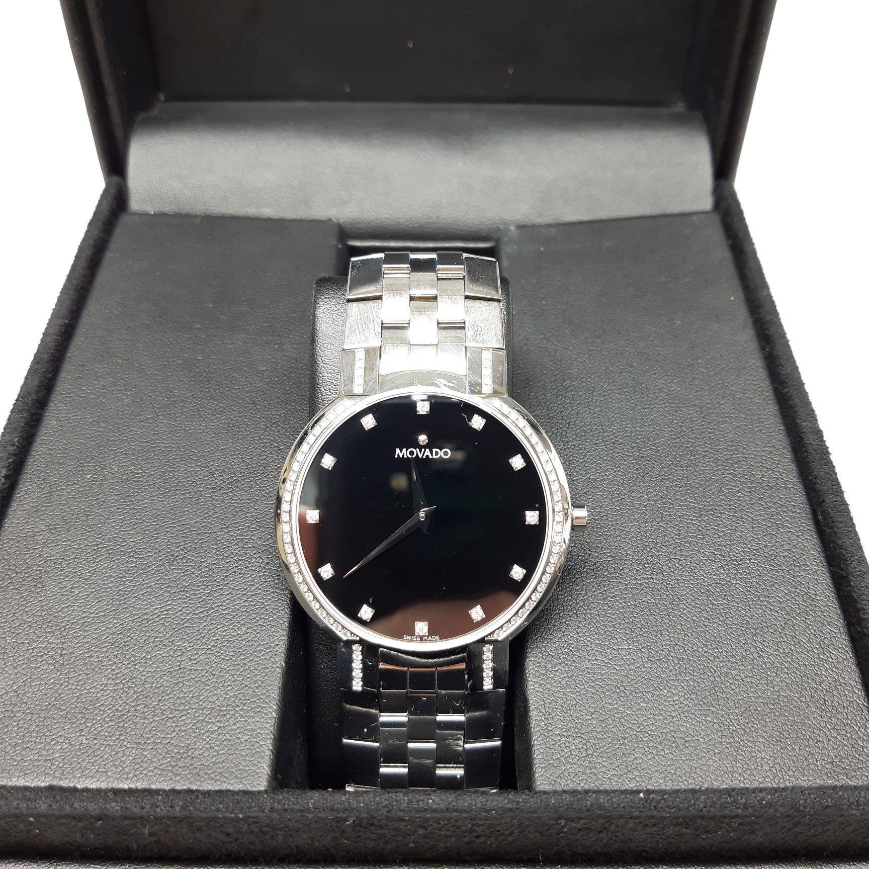 Designer MOVADO Faceto Diamond Bezel and Diamond Dial Men's Watch with Box