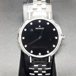 Designer MOVADO Faceto Diamond Bezel and Diamond Dial Men's Watch with Box