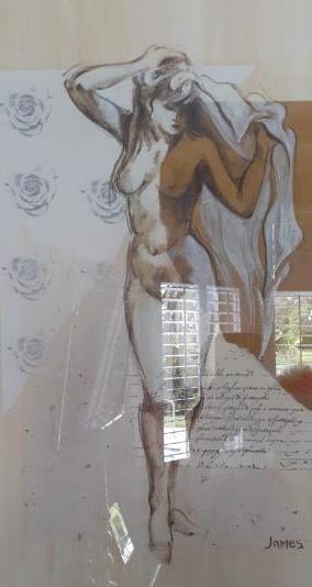 Nude Woman standing - Framed artwork by James - 36 x 42 inches