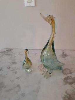 Pair of Glass Murano Ducks - 12 and 5 inches tall