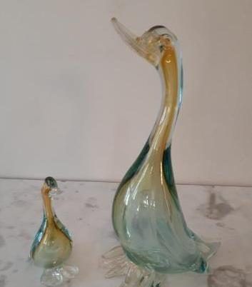 Pair of Glass Murano Ducks - 12 and 5 inches tall