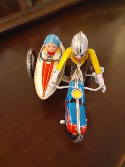 Wind-up motorcycle with side car - working- 7 inches long