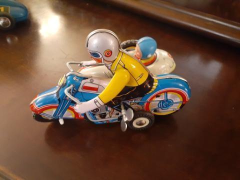 Wind-up motorcycle with side car - working- 7 inches long