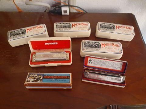 Set of 7 Harmonicas - Hohner - Marine Band No.1896 with Cases