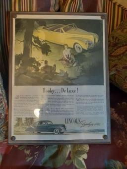 2 car Adverisements - Cadillac, and Lincoln - Framed - 8.5 x 11 inches