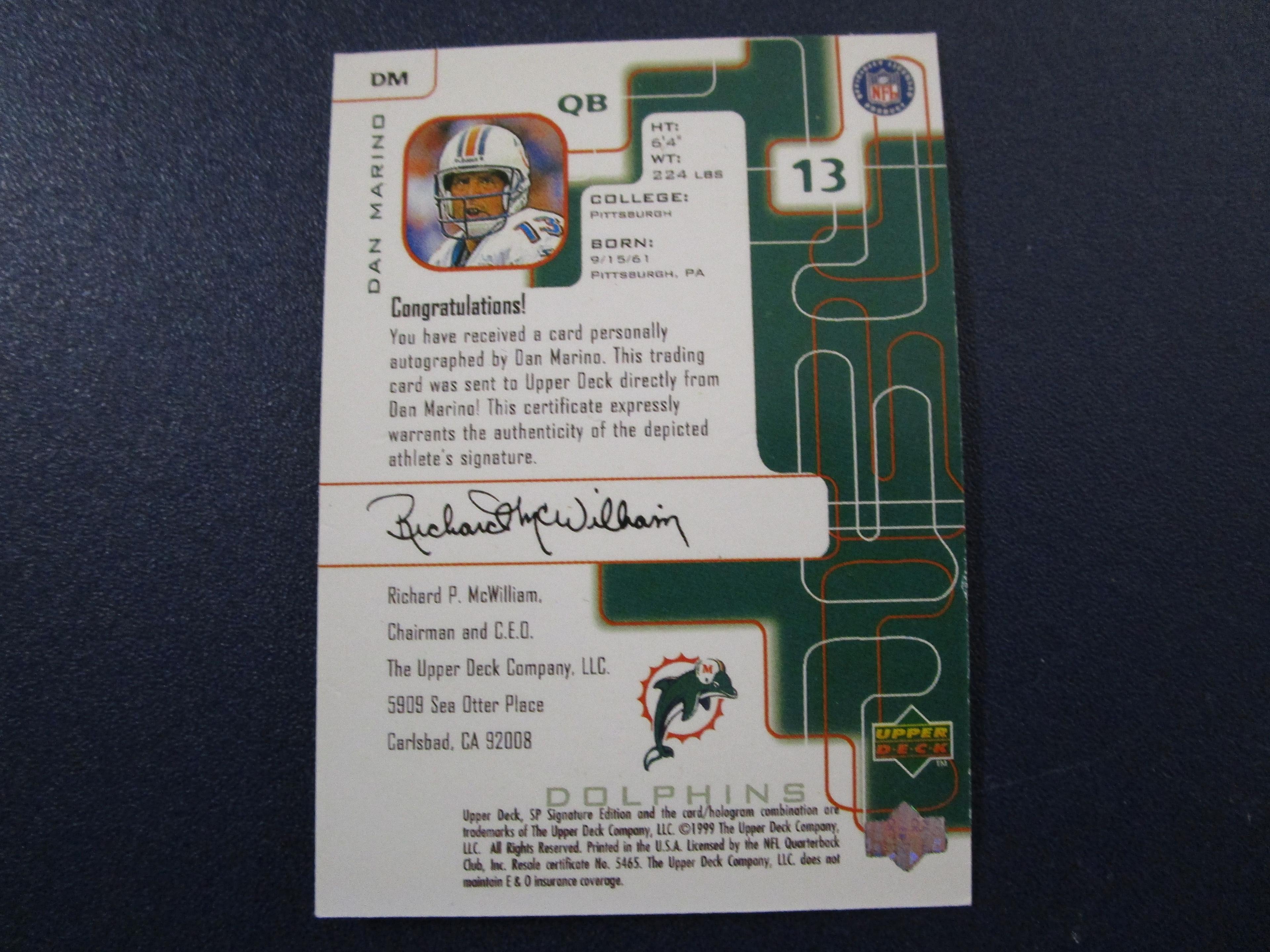 Dan Marino of the Miami Dolphins signed autographed Upper Deck Sp Football Card