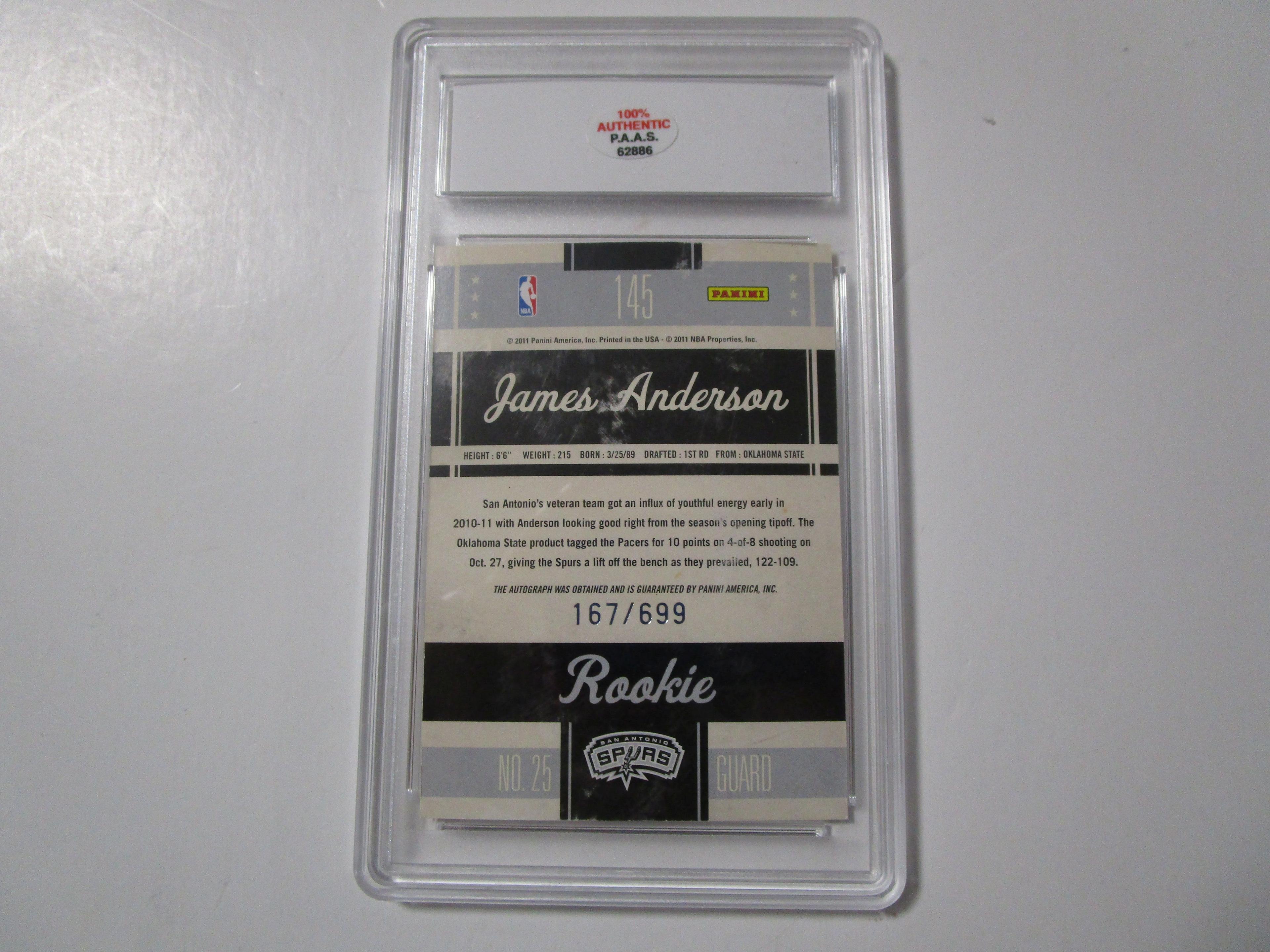James Anderson of the San Antonio Spurs signed autographed sports card slabbed PAAS COA 886