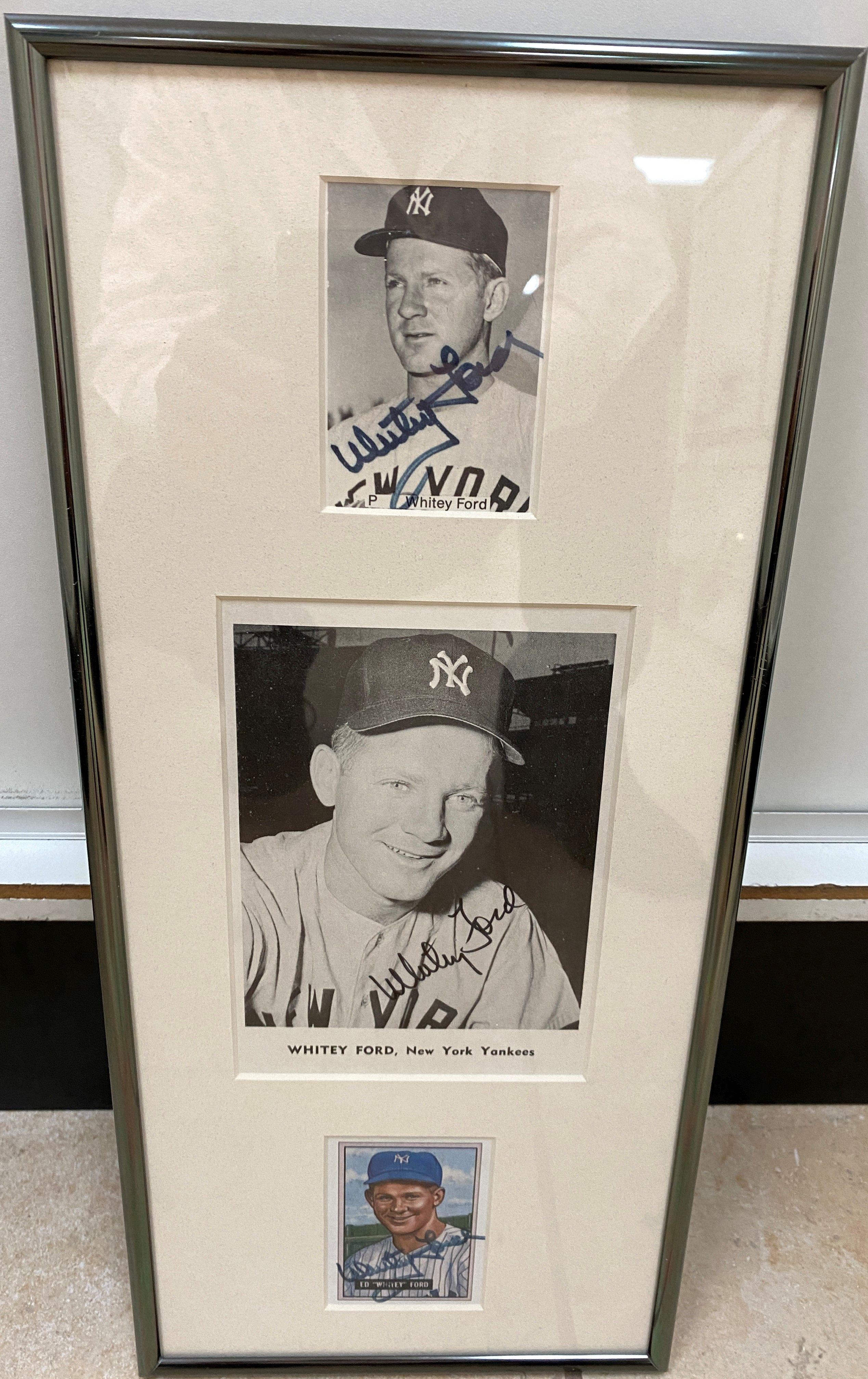 Whitey Ford Triple Signed Laser Cut Commerative Framed and Matted piece Authenticated by JSA