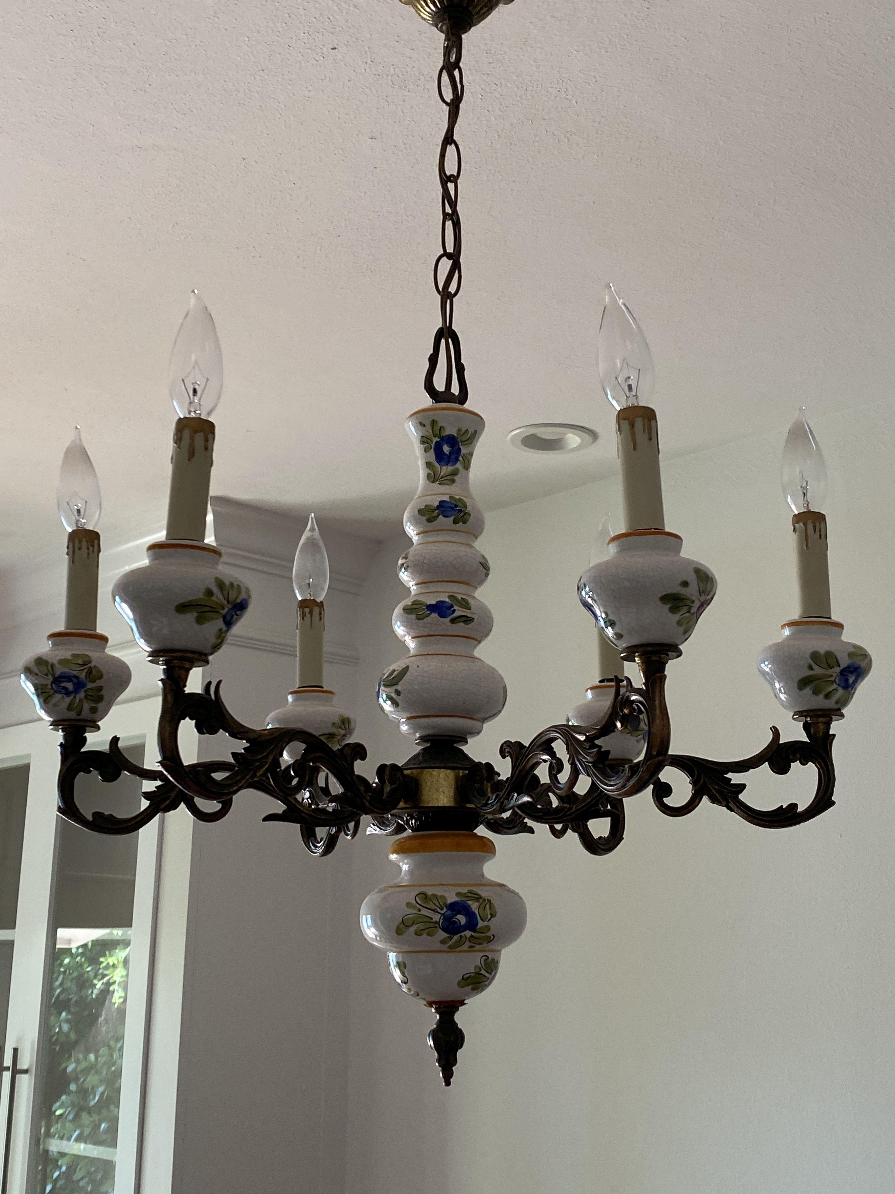 Antique Hand Painted Porcelian (6) Candle Chandelier with Ornate Bronze metal Work