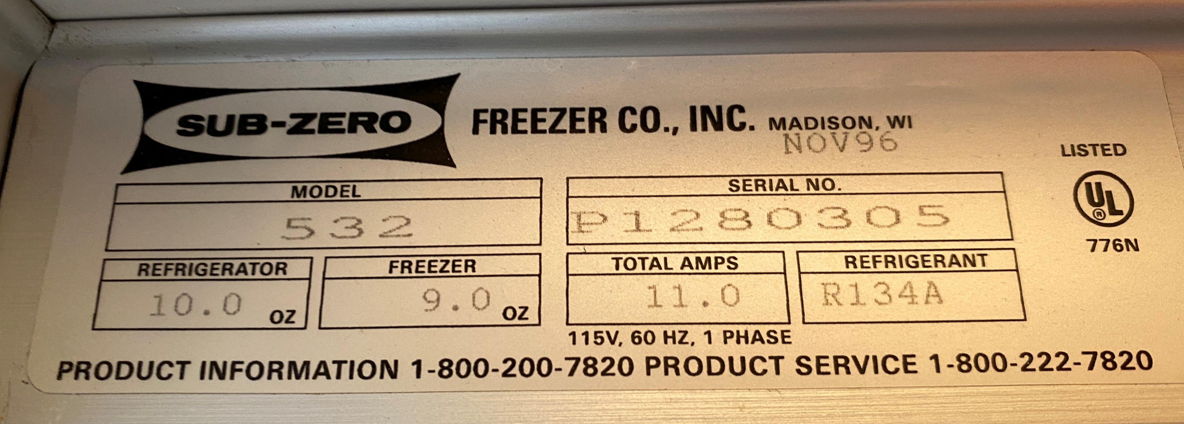 Stainless Steel Finish Sub-Zero model 532 Refrigerator/Freezer