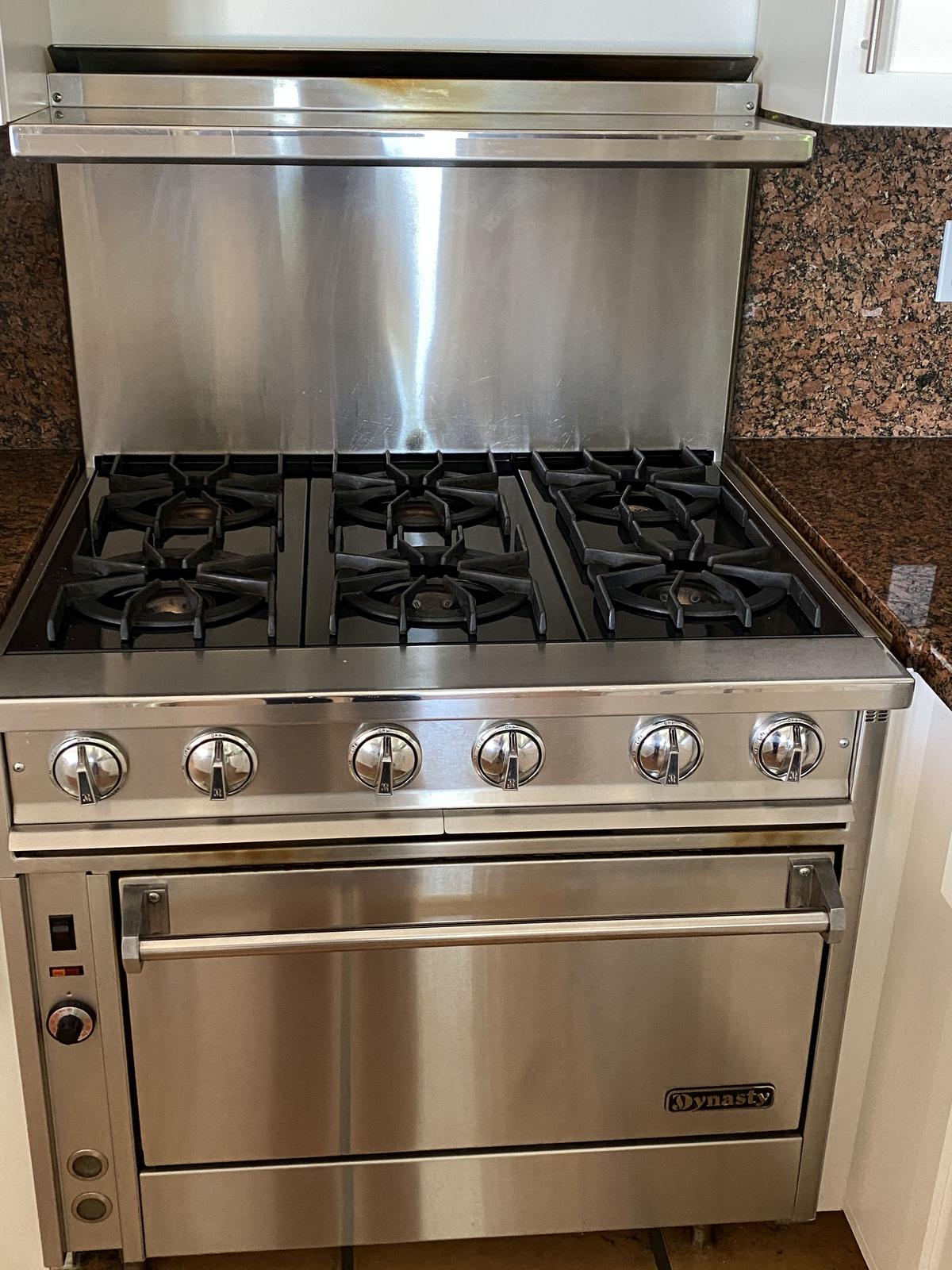 Stainless Steel Finish Dynasty Six Burner Stove with Oven, Back Splash and Overshelf