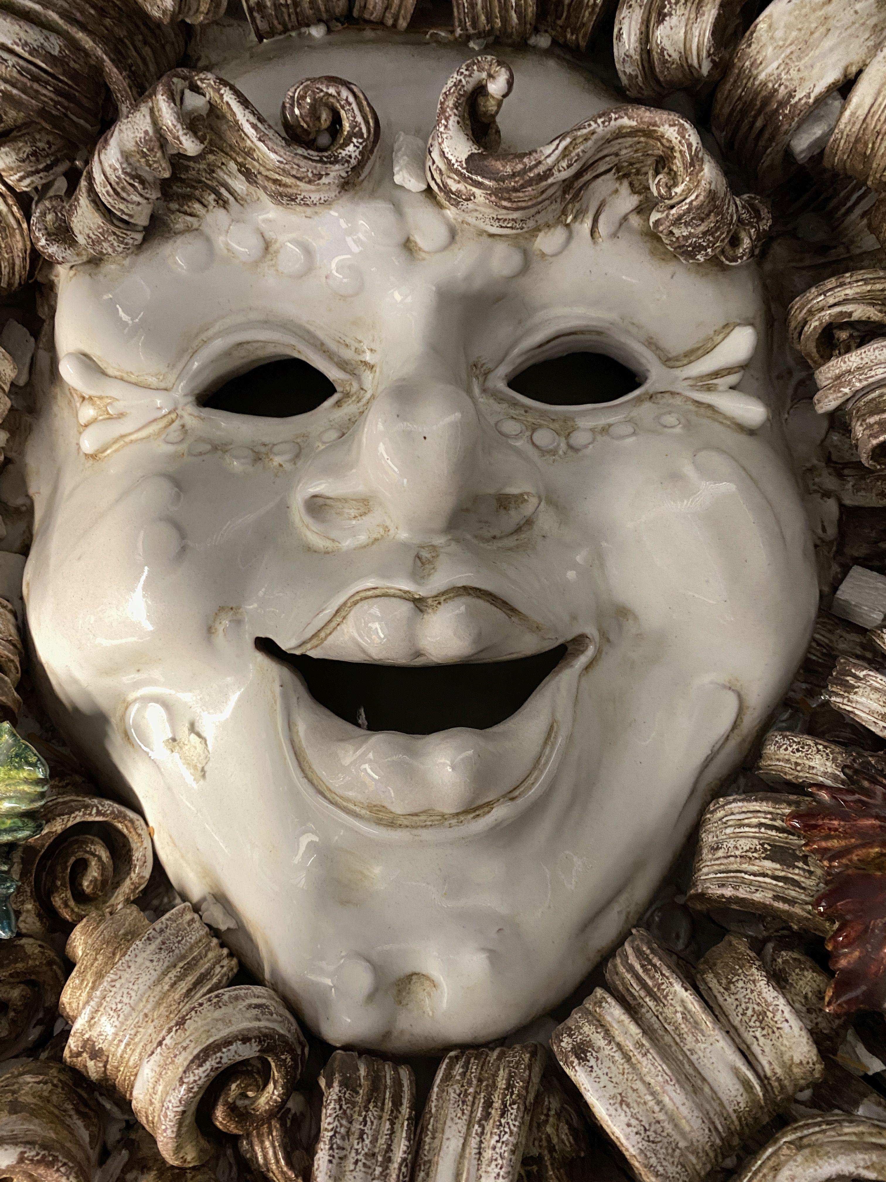 24"  Italian Hand Painted Majolica Ceramic Mask of Bacchus, Bacchus was the god of agriculture & win