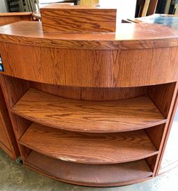 Two piece Rounded Cash Register merchandising Stand with three wood Shelves in one unit and three ro