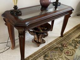Wood Console Table with Inlaid Glass Center