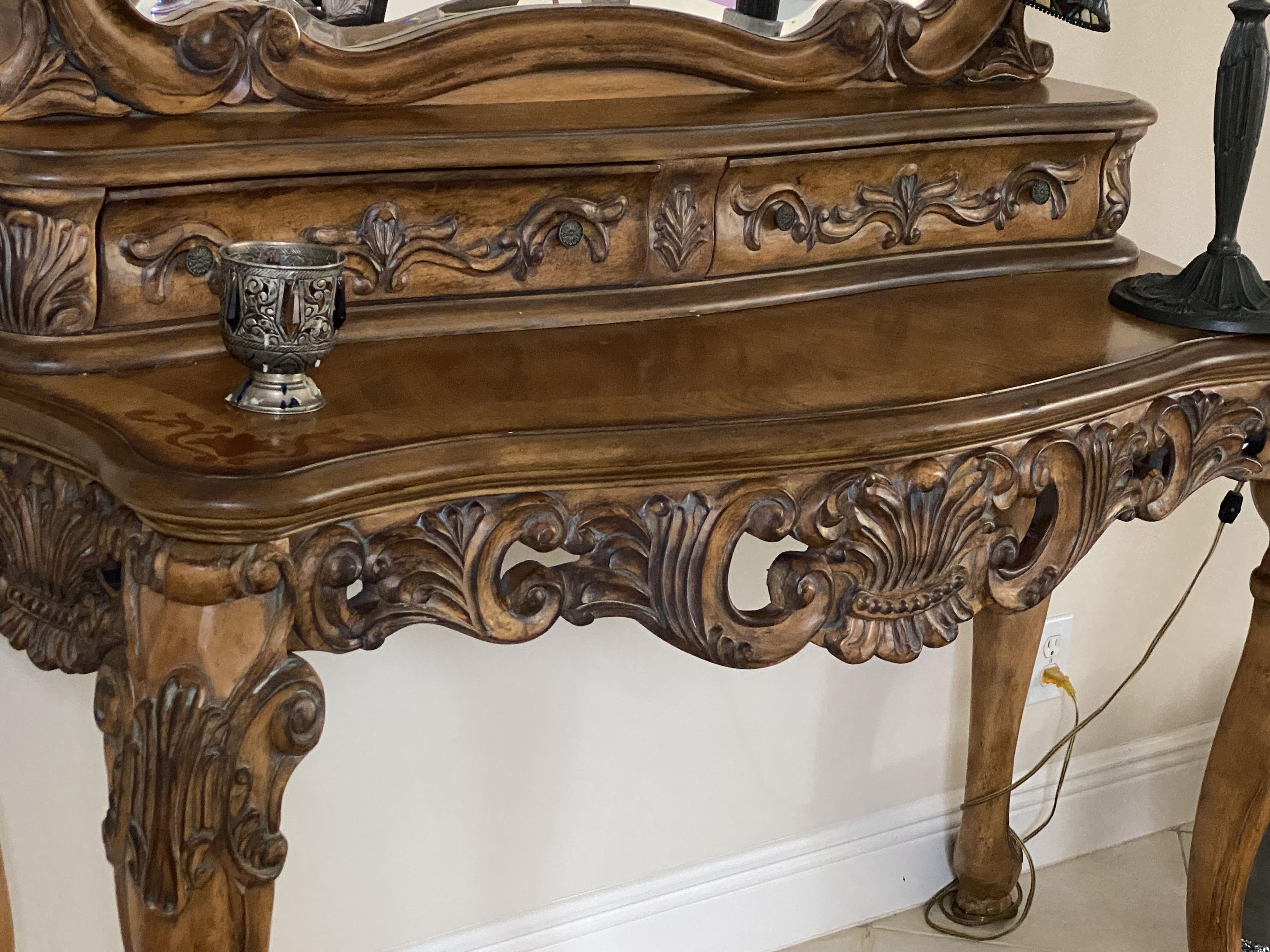 53" Ornate Carved Wood Claw Foot Entry Console/Desk with Mirror and Two Felt Lined Draws