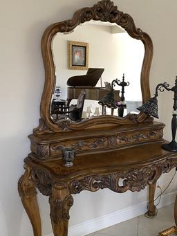 53" Ornate Carved Wood Claw Foot Entry Console/Desk with Mirror and Two Felt Lined Draws