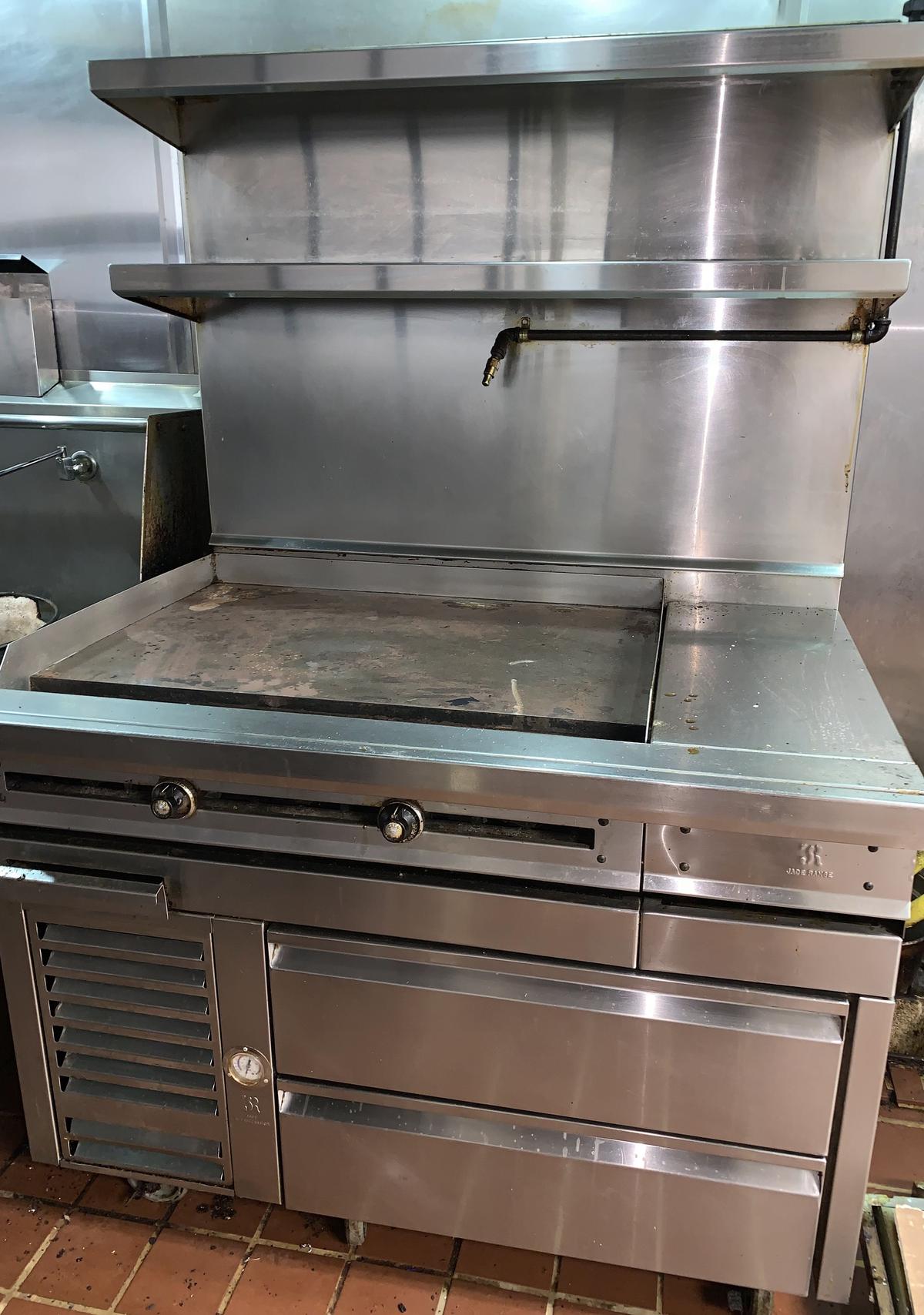 24" Jade Gas Griddle Top with (2) Draw  Refrigerated Base, Stainless Steel Backsplash and (2) Oversh