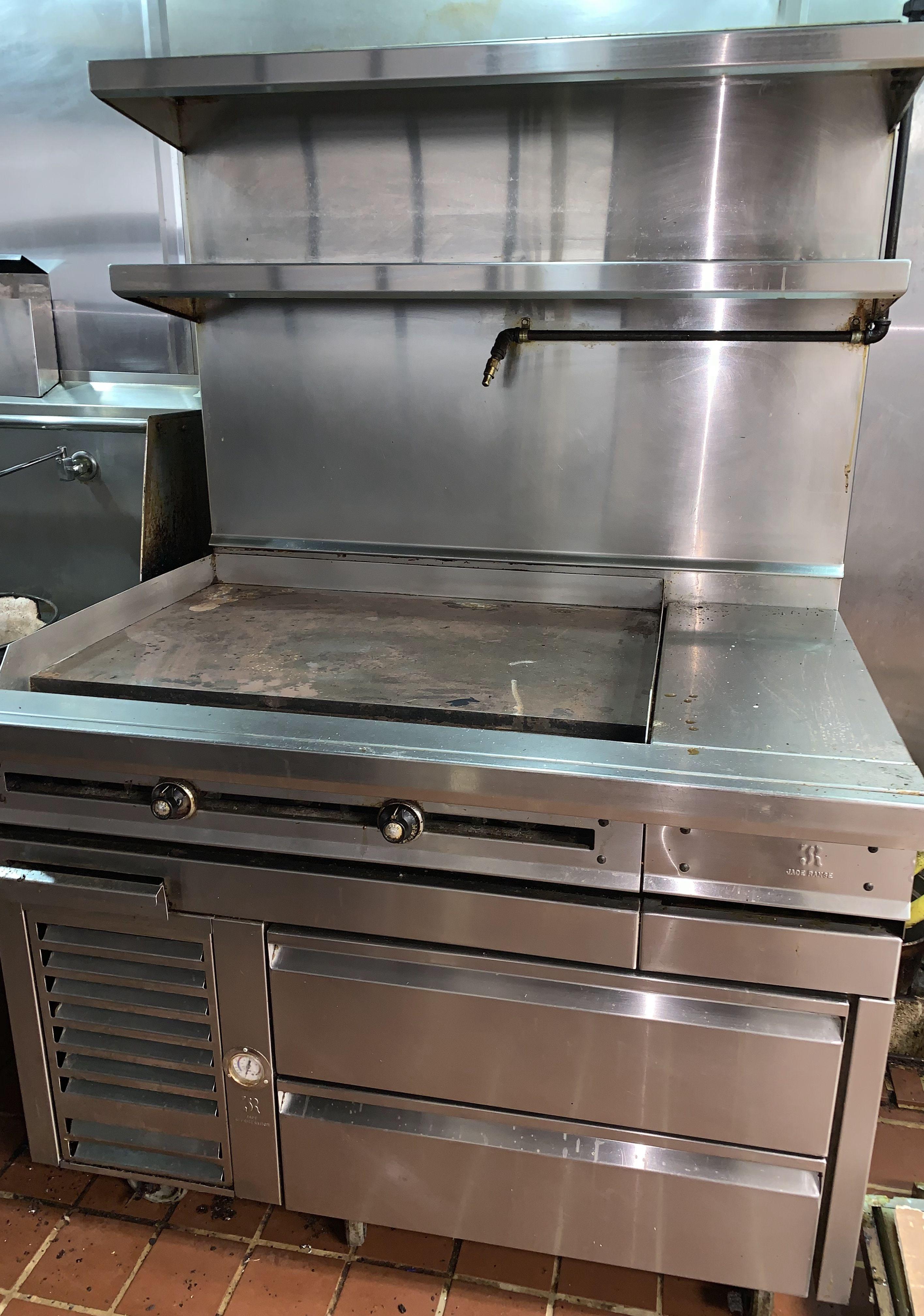 24" Jade Gas Griddle Top with (2) Draw  Refrigerated Base, Stainless Steel Backsplash and (2) Oversh