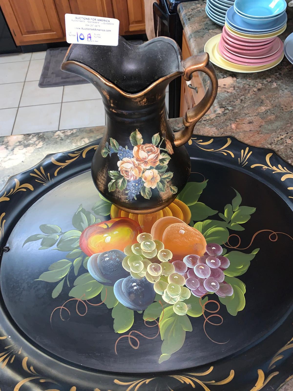 Hand Painted large Serving Tray and Matching Pitcher