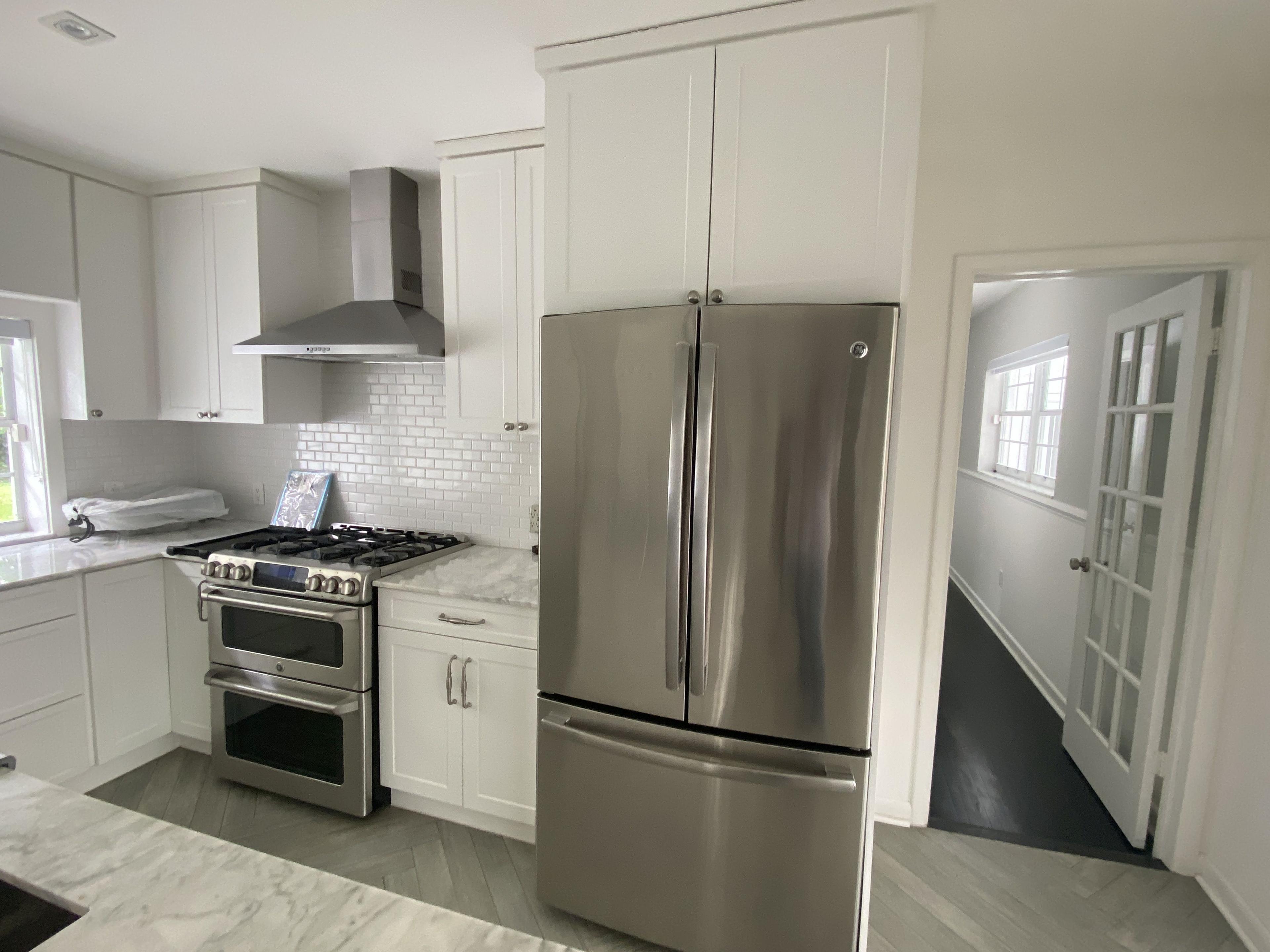 11' By 9' L-Shaped Carrera Marble White Kitchen, With 8' Island. Includes Six Double Doors, Upper Ca