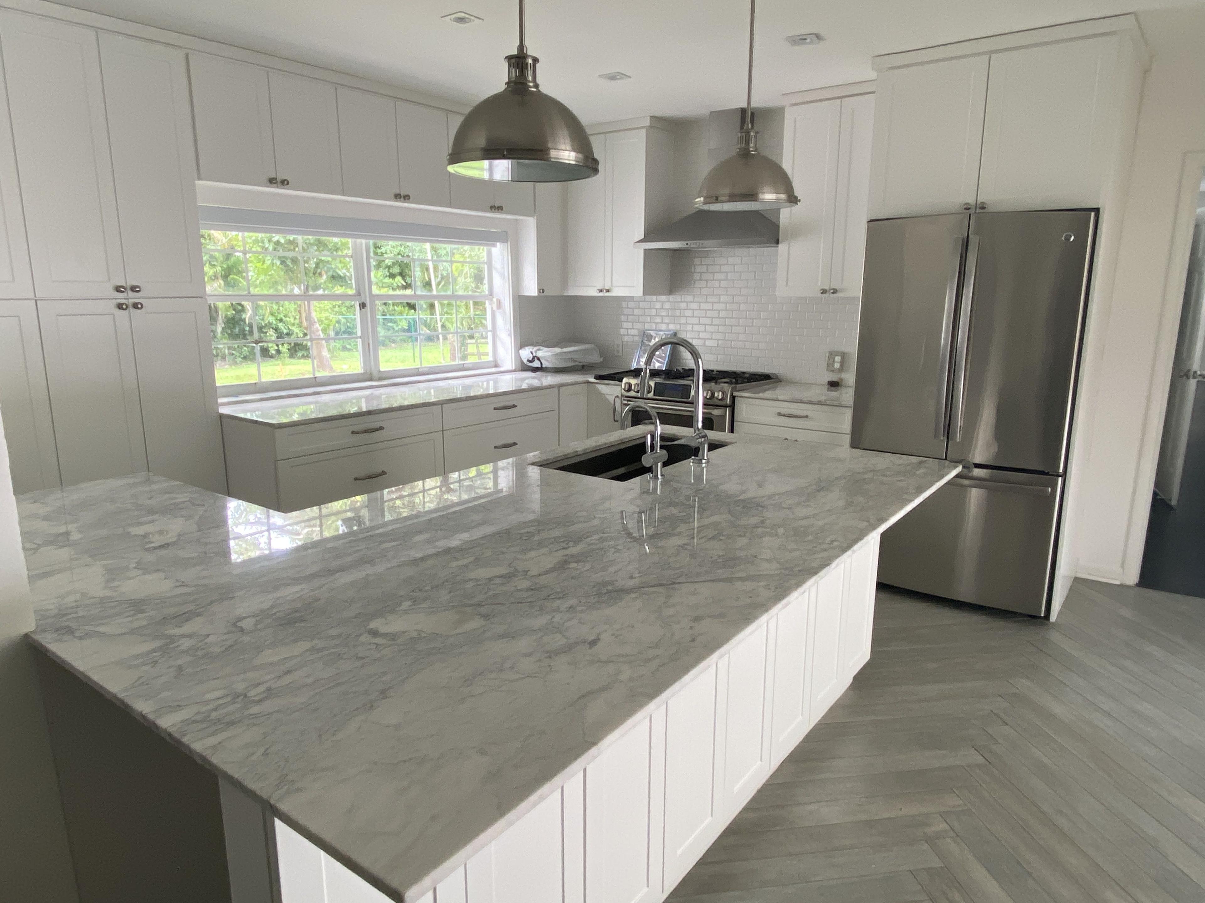 11' By 9' L-Shaped Carrera Marble White Kitchen, With 8' Island. Includes Six Double Doors, Upper Ca