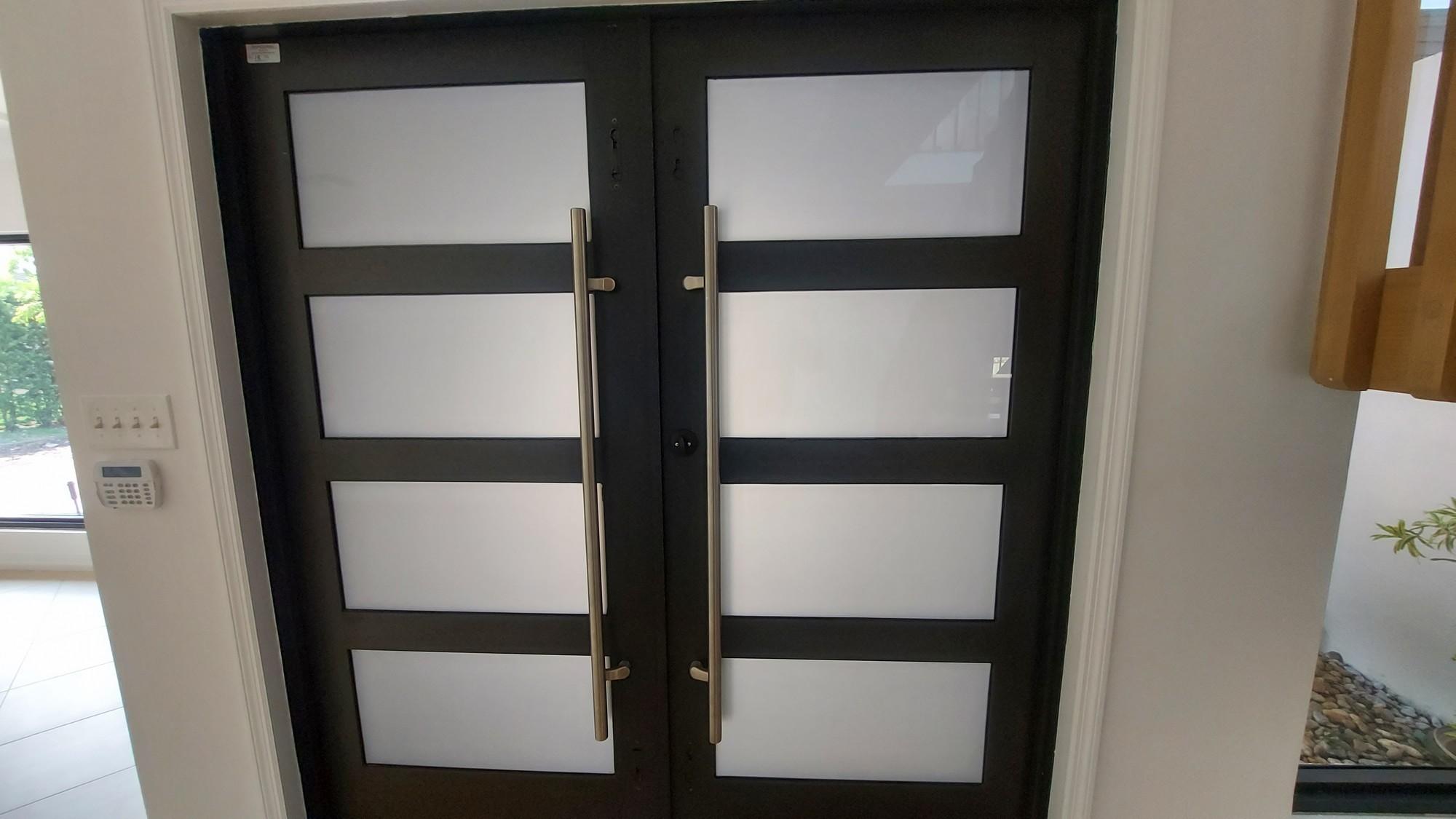 75" Solid Wood Entry Door With (8) Frosted Glass Panels and Stainless Steel Hardware