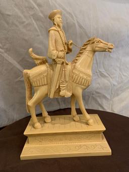 12"H x 9"W One Piece Antique Solid Ivory of Chinese Emperor on Horse Back