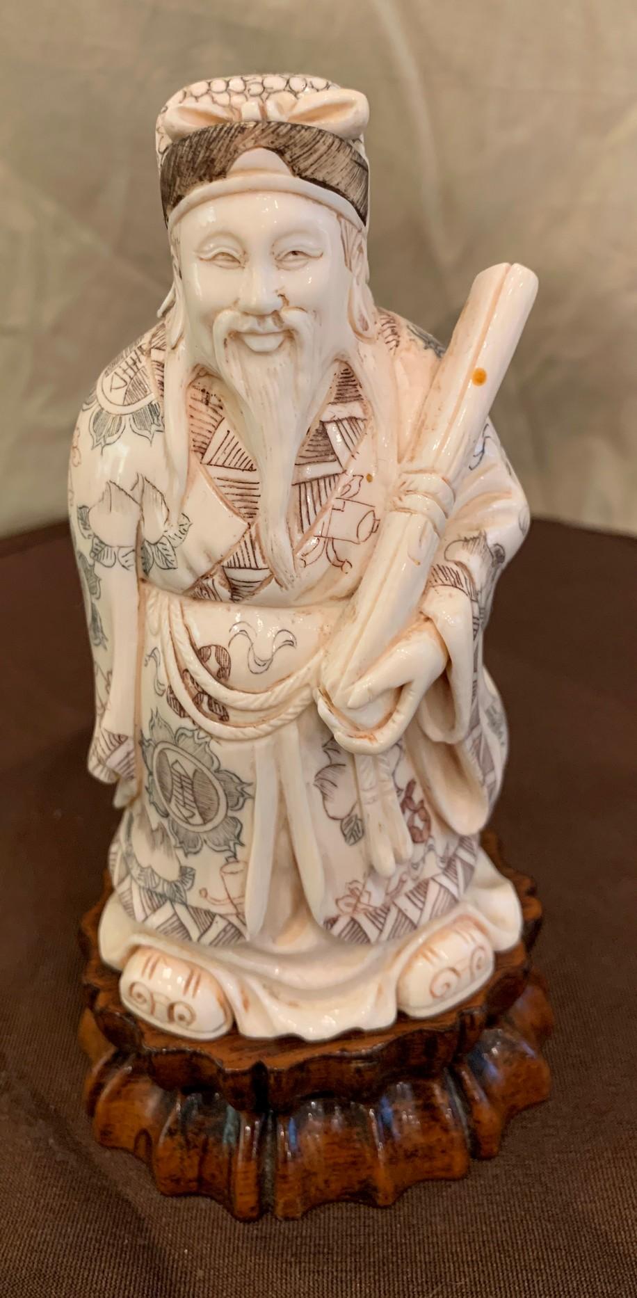7"H Signed Carved Ivory Oriental Wise Man Holding Staff