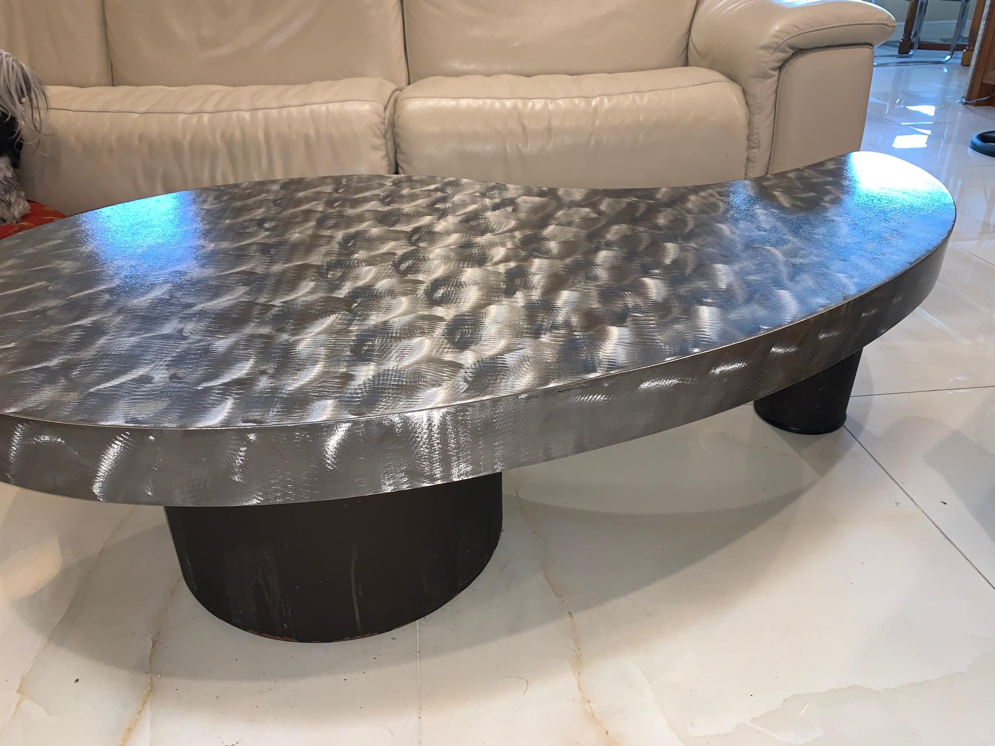 Kidney Shaped Coffee Table Hammered Stainless Steel 60" x 30"