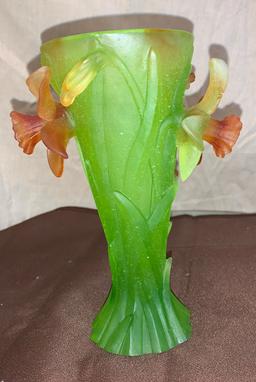 8"H x 4"R Daum Mint Green Fluted Vase with Multi-Colored Flowers