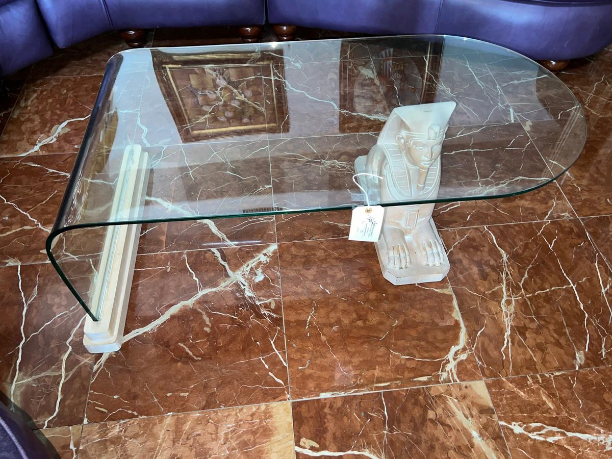 45" x 23" Ancient Egyptian Themed Glass Top Coffee Table
