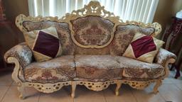 7' Heavily Carved Upholstered Sofa With Cushions