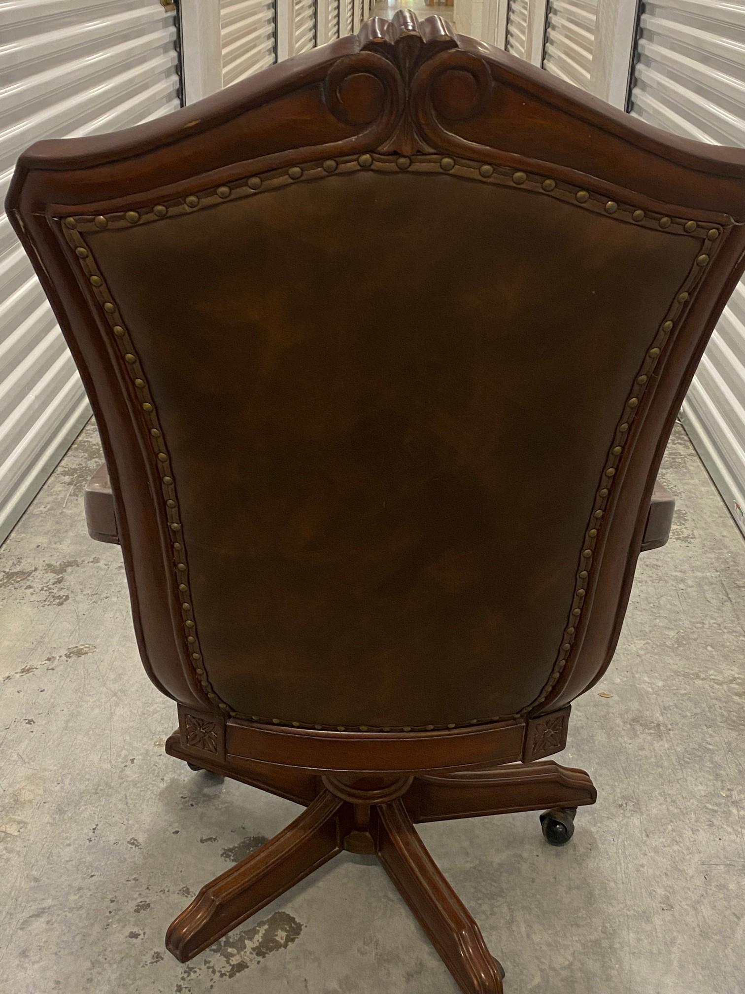Brown Leather High Back Wood Frame Executive Chair with  Tufted Leather Cushion and Back, carved Cla