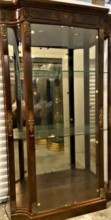 Incredible Two Glass Door Curio Cabinet with side glass viewing panels adorned with Brass Filigree D