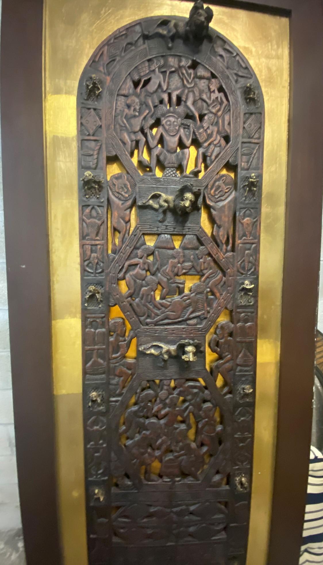 8' x 42" Hand Carved South African Door/ Wall Plaque mounted on 24K Gold Overlay. The Door feature m