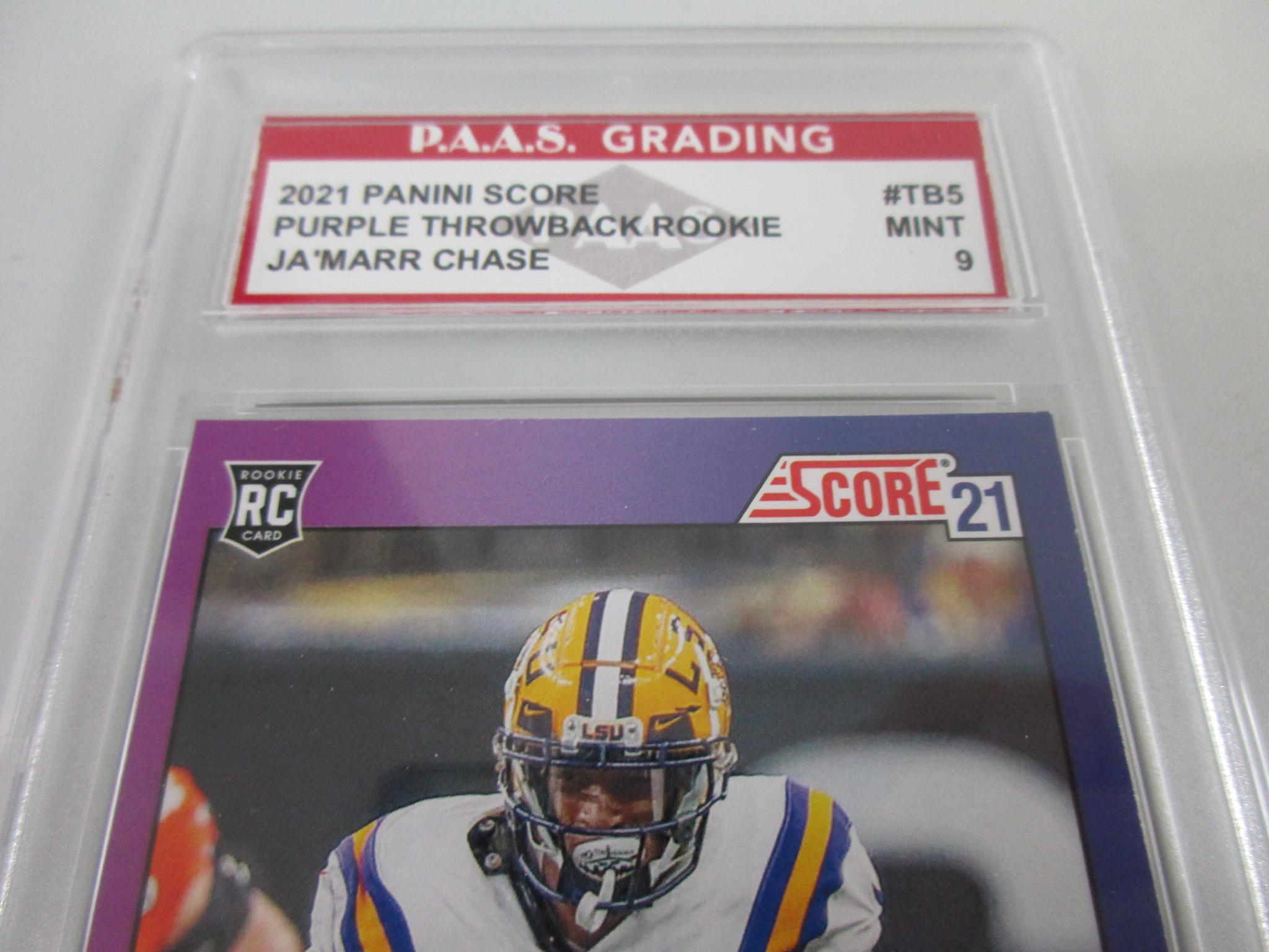 Ja'Marr Chase LSU 2021 Panini Score Purple Throwback ROOKIE #TB5 graded PAAS Mint 9